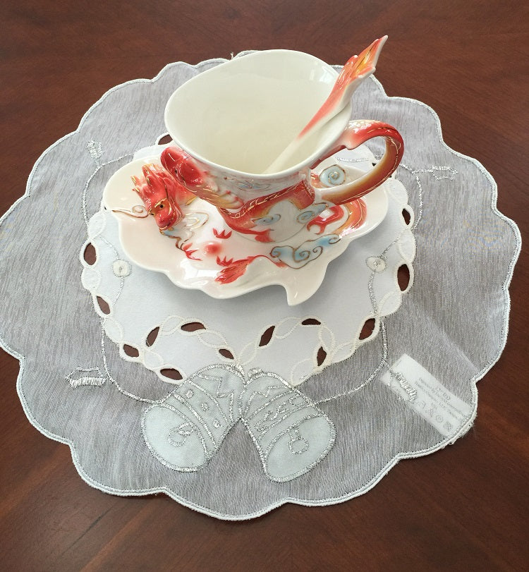 OctoRose Christmas Bell White 100% Thick Polyester Silver Embroidery Gorgeous Tablecloth Vintage Dining Kitchen Table Runner or Placemats (14x20"-S6), Doillies ( 12"Round-S6), or Napkins(18x18"-S6)