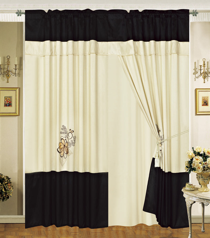 OctoRose Pair of Embroidery Design Window Curtain/Drapes/Panels with Sheer Linen Valance and Tieback