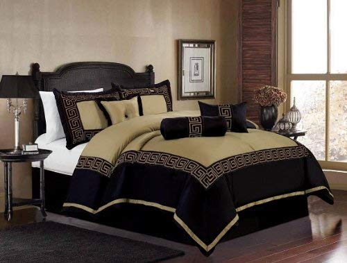 OctoRose Queen Size Faux Silk Taupe/Navy Blue Square Design with Embroidery Comforter Set Bedding-in-a-Bag