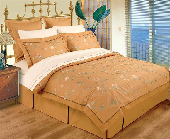 OctoRose 10 Piece King/Cal King Camel Gold 100% Cotton Embroidery Duvet Cover Bedskirt and Sheets Set