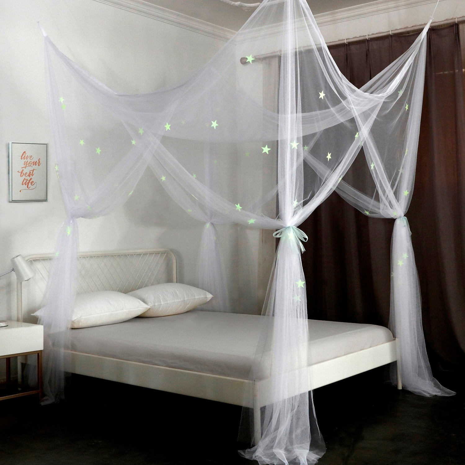 OctoRose Glow in The Dark 4 Post Star Bed Canopy Mosquito Net Fits Full, Queen, King and Calking.76"x86"x96"