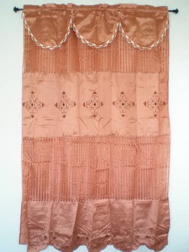 OctoRose A Pair of Bamboo Nod and Organza Sheer Embroidery Window Curtain / Panel / Drape with Valance and Sheer Lining 55x84 inch