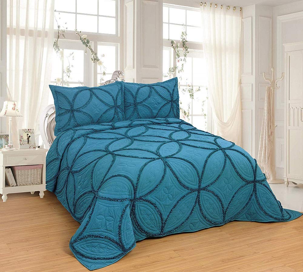 3 pcs Fully OctoRose Lace Quilted Embroidery Quilts Bedspread Bed Coverlets Cover Set, Queen King 106x96 inch
