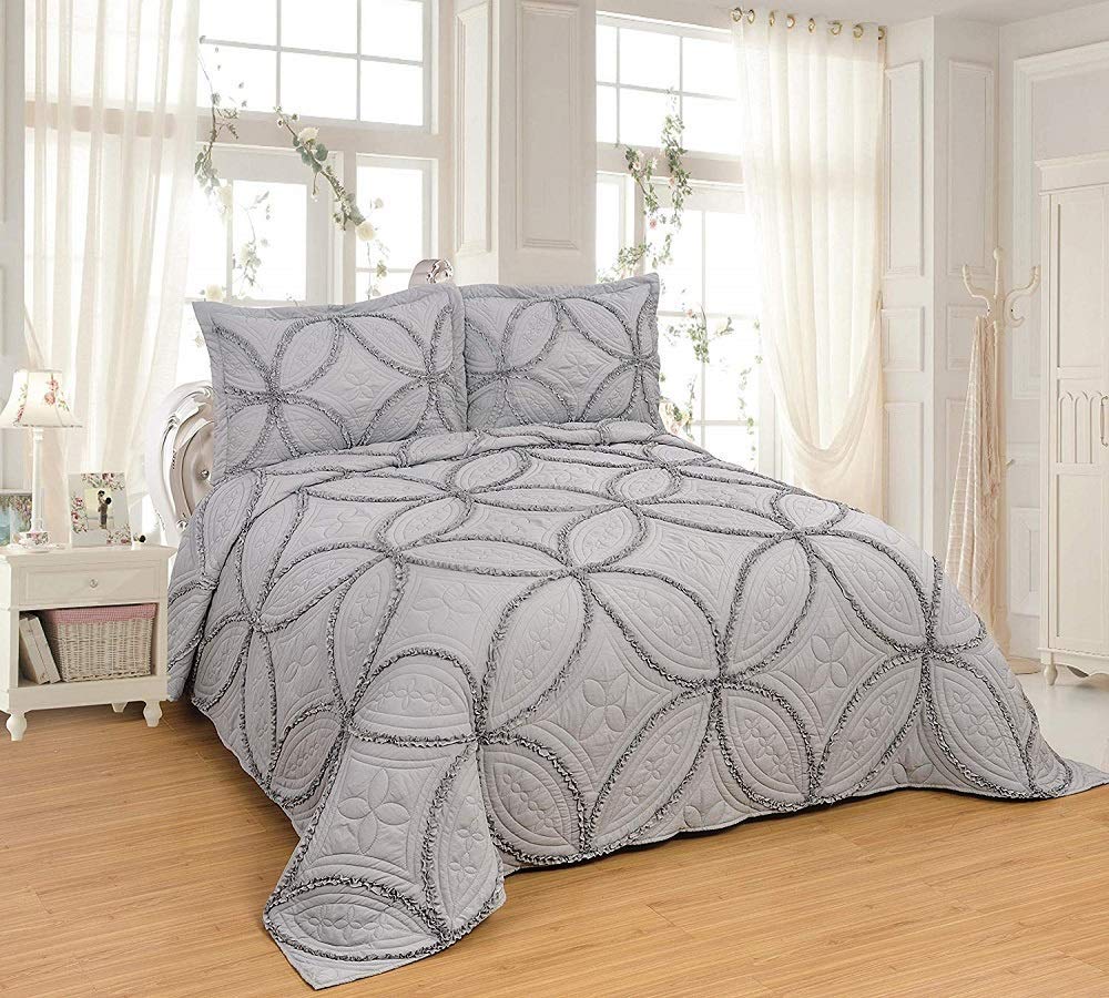 3 pcs Fully OctoRose Lace Quilted Embroidery Quilts Bedspread Bed Coverlets Cover Set, Queen King 106x96 inch