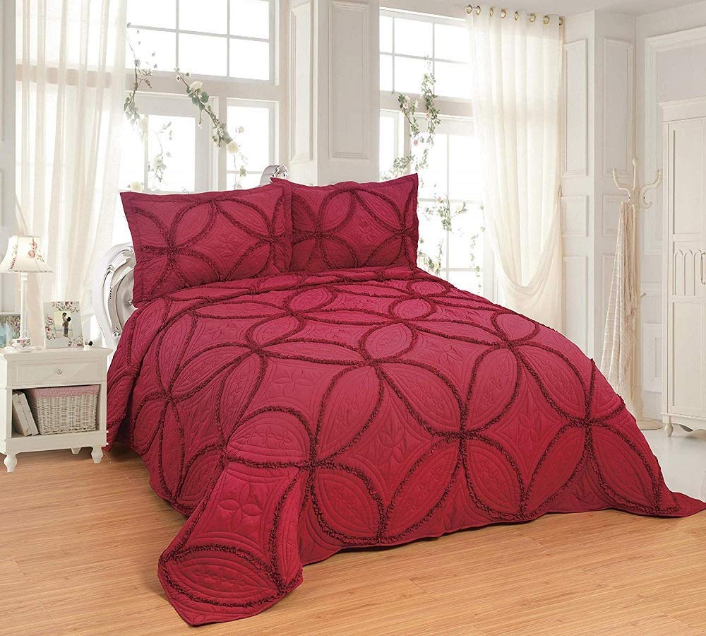 3 pcs Fully OctoRose Lace Quilted Embroidery Quilts Bedspread Bed Coverlets Cover Set, Queen King 106x96 inch