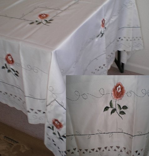OctoRose High Quality Elegant Artex style embroidery plus trim lace based Table cloth / table cover / table linen 72x108"