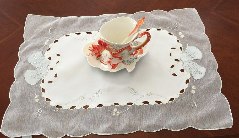 OctoRose  Christmas Bell White 100% Thick Polyester Silver Embroidery Gorgeous Tablecloth Vintage Dining Kitchen Table Runner or Placemats (14x20"-S6), Doillies ( 12"Round-S6), or Napkins(18x18"-S6)
