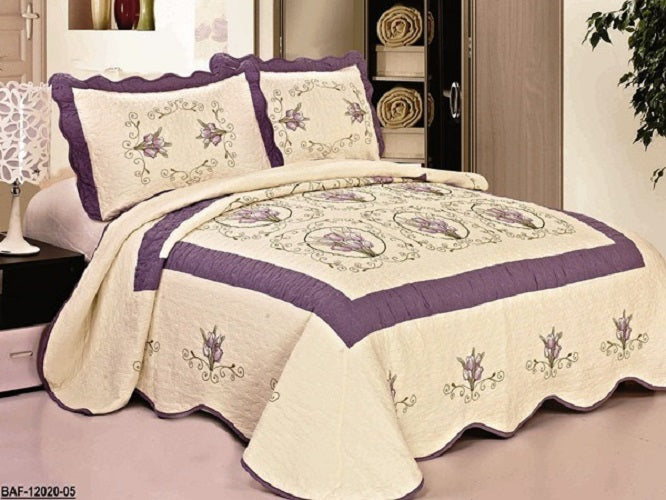 OctoRose 3 pcs Nice Design 102x94 inch Fully Quilted Embroidered  Bedspread Coverlets Bed Cover Pillow Sham Set