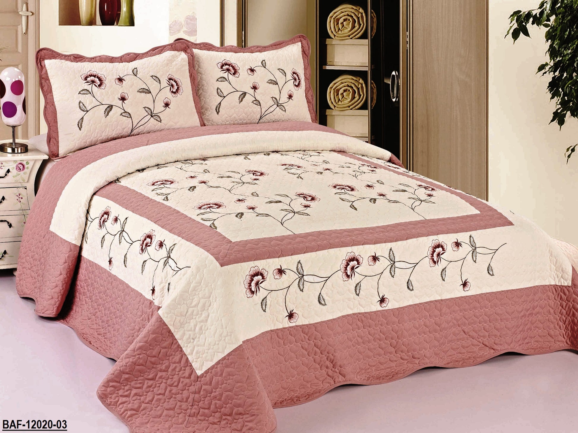 OctoRose 3 pcs Nice Design 102x94 inch Fully Quilted Embroidered  Bedspread Coverlets Bed Cover Pillow Sham Set