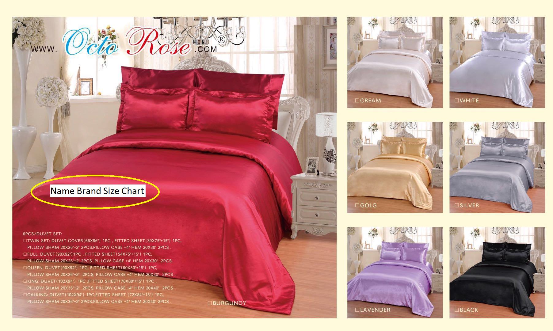OctoRose 6 PCS TWIN Size Duvet Cover Set, Supreme Quality Sexy Silky Satin,1 Large Size Double Heads Zipper Duvet Cover,1 Fitted Sheet, 2 Pillow case,2 Pillow Shams