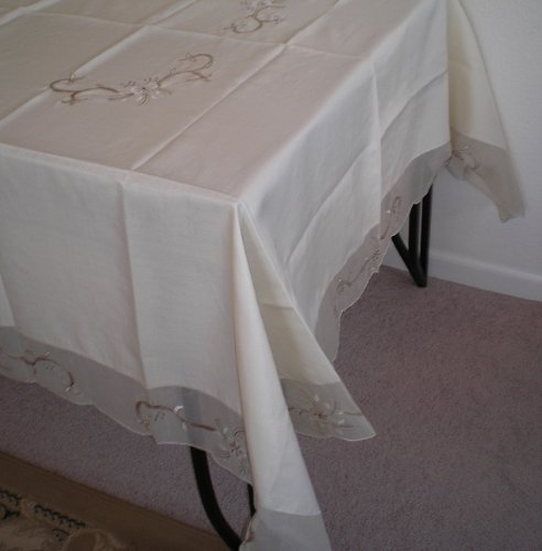 OctoRose High Quality Elegant Artex style embroidery plus trim lace based Table cloth / table cover / table linen 72x108"