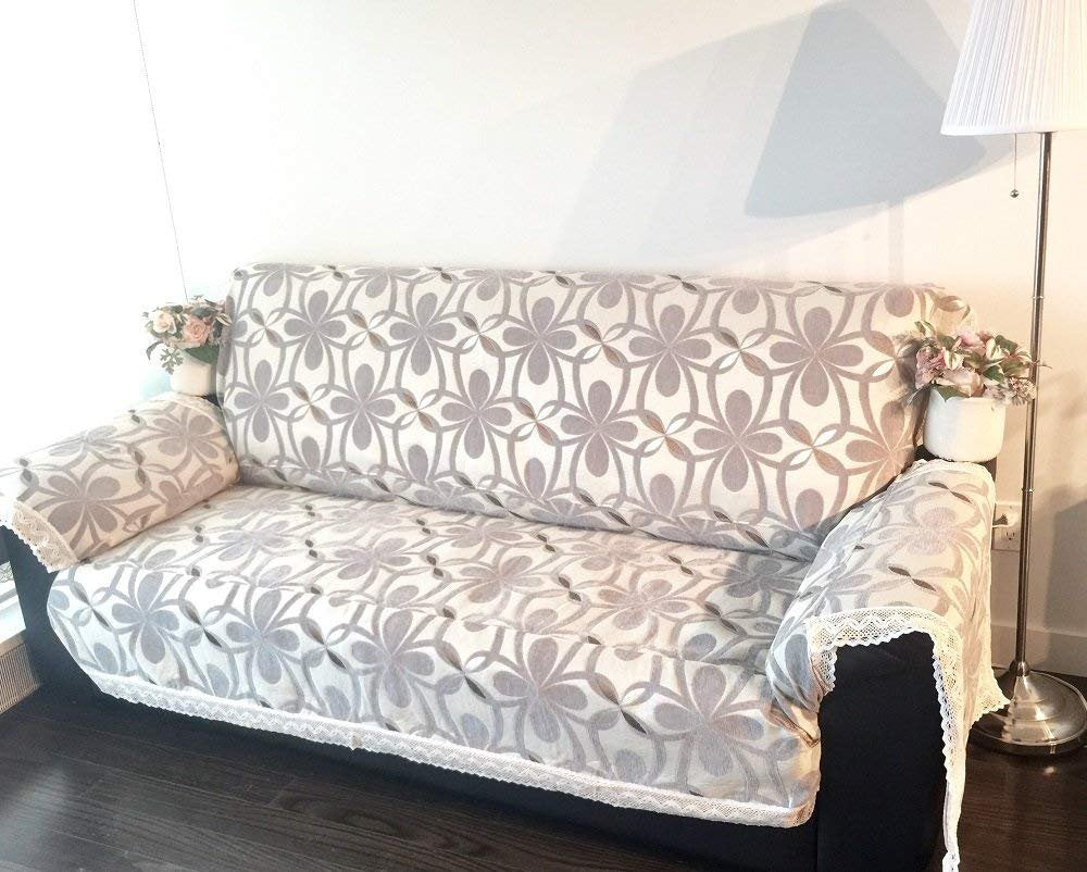 Upholstery Grey Chenille with cotton lace Sofa Loveseat Arm Chair Throw Slipcovers Furniture Protector