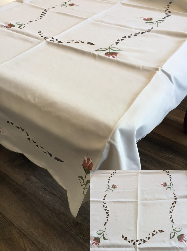 OctoRose High Quality Elegant Artex style embroidery plus trim lace based Table cloth / table cover / table linen 72x108"
