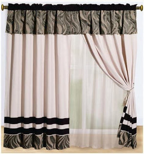 OctoRose Micro Suede/Chenille Black, Beige and Taupe Windows Curtains/Drapes with Sheer Linen Valance and Tieback