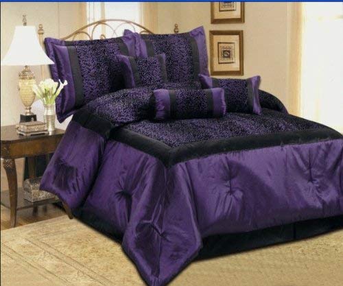 OctoRose Queen Size Zebra Leopard Safari Patchwork Faux Silk Black/Purple Comforter Set